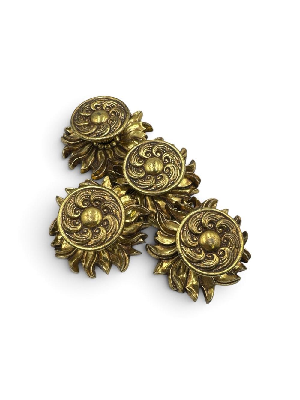 Vintage MCM Brass Gold Floral Drawer Pulls Knobs Backplates Set of 4